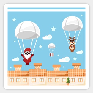 Santa Claus and red nosed reindeer as parachutists Sticker